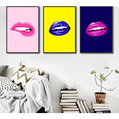 Morden Trendy Posters Busty Sexy Beautiful Pink And Blue Lips Modular Picture Wall Art Canvas Painting for Living Room Home Deco