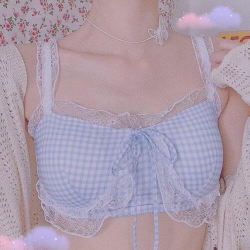 Spring Summer Sweet Lolita Lace Bow Bandge Tube Top Bra & Panties Sets Anime Soft Girl Kawaii Plaid Milk Silk Sexy Lingerie set