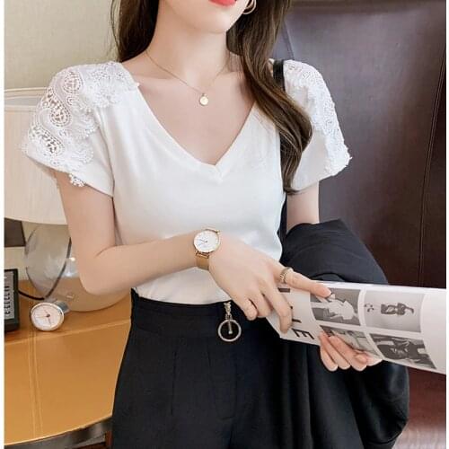 Tee T Shirt Women Summer Top Hollow Out Lace Blusa 2021 Korean Style Short Sleeve Black White Shirts Casual Women Clothes Y2K
