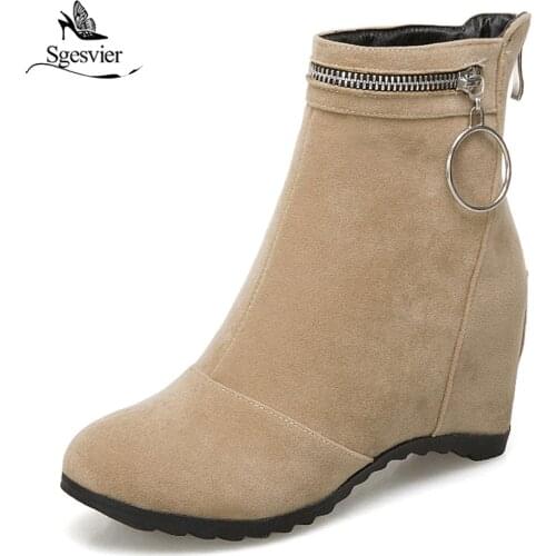 Sgesvier New Winter Wedges Boots Fashion Flock Womens High-heeled Platform Wedges Ankle Boots High Heels Shoes For Women OX738
