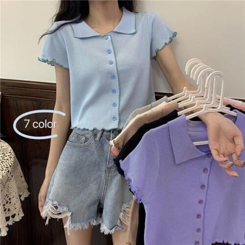 Woman TShirts Summer Polo Collar Knitwear Womens Small Cardigan Short-Sleeved Top Crop Top Mujer Camisetas