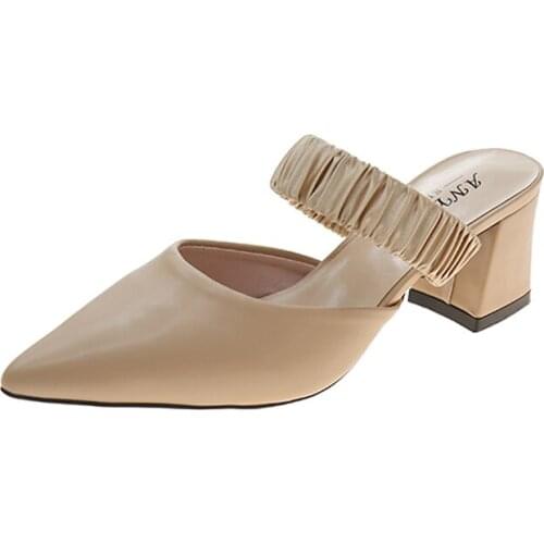 2021 New Korean Trendy Women Cream Ruched Strap Mules Sandals with Pointy Toe And Mid Block Heel
