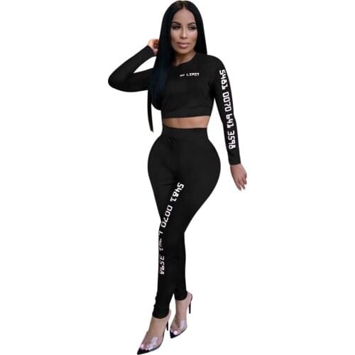 Women 2 piece tracksuits letter printed sheath o neck full sleeve crop top and empire sheath pencil pants casual suit outfits