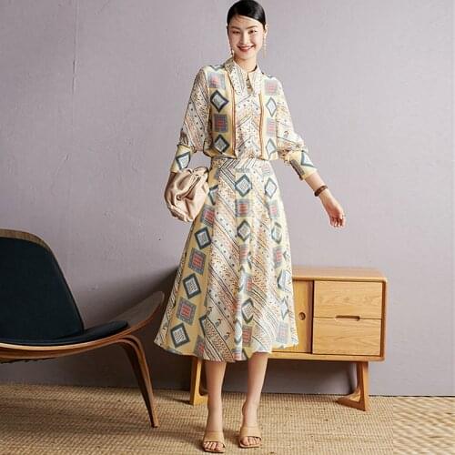 Suits Women 100% Silk Two Pieces Set Casual Style Square Printed Long Sleeve Shirt Silk Skirt Suit Office Style New Fashion