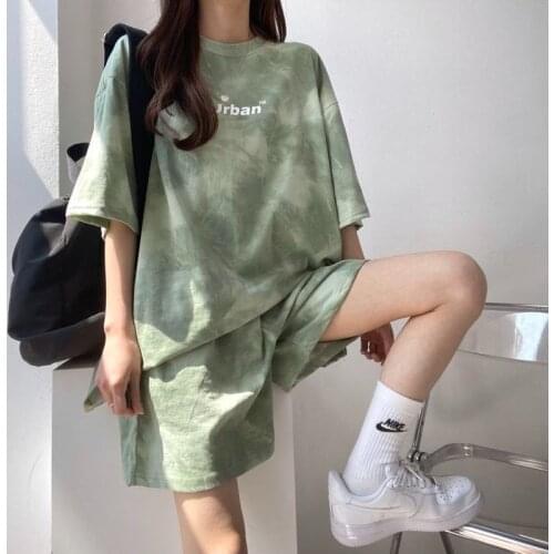 Retro Brand Green Tie Dye Cotton Two Piece Sets Women Comfort Tracksuit 2021Summer Casual Plus Size Shorts T-shirt Teens Clothes