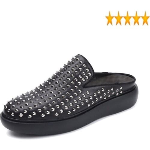 100% Outside Summer Mens Shoes Genuine Leather Sandal Punk Rivets Slingback Half Drag Slip-On Sandals Platform Slides Plus Size