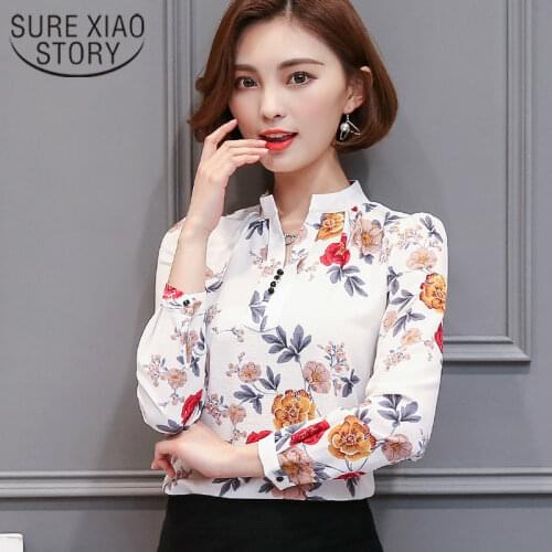 2021 New Fashion Korean Version of The Collar Women Blouses Long Sleeve Collar Slim Lady Printed Chiffon Small Shirt Tops 66H 30