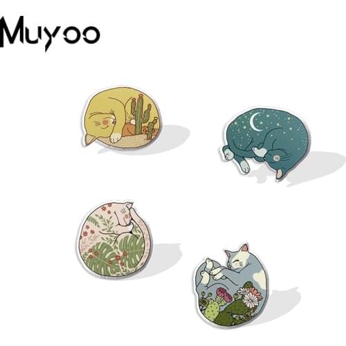 2021 New Sleeping Kittens with Flower Plant Painted Handmade Epoxy Acrylic Lapel Pins Clothing Pins