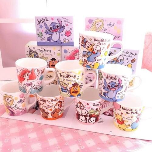 270ml Disney Mickey Stitch Mermaid Cartoon Ceramic Cup with Handle Tea Coffee Water Mug Home Office Cups Collection Cup Gifts