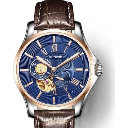 RUNOSD Mens Watch Rose Gold Cowhide Sports Fashion Miyot Automatic Mechanical Movement Mens Watch Sapphire Stainless Steel