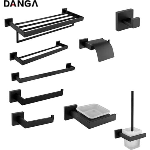 Black Bath Hardware Set Wall-mounted Stainless Steel Clothes hook Toilet Paper Holder Towel Bar Kitchen Bathroom Accessories
