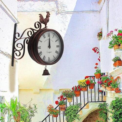 Double Faced Garden Wall Clock Decoration Retro Vintage Style Station Clock Round Antique Look Rotatable Clock Porch Ornament