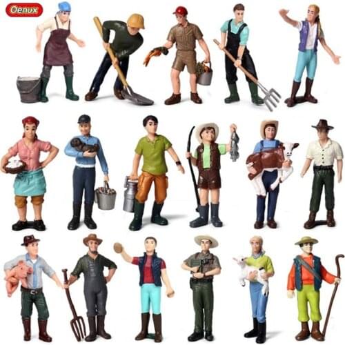 Oenux Farm Hold Pig Cow Hen Farmer Figurines Miniature Rabbit Horse Sheep Animals Model Action Figure Home Garden Decoration Toy