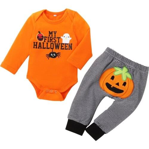 My First Halloween Pumpkin Set Infant Baby Boys Halloween Letter Romper Bodysuit + Pumpkin Stripe Pants Outfits
