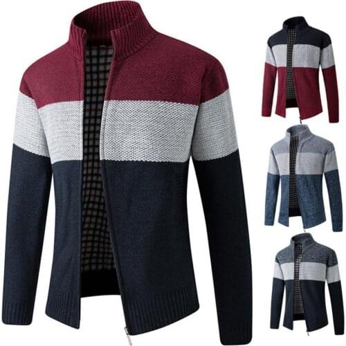 Men Long Sleeve Turtleneck Coat Color Block Autumn Winter Warm Plush Sweater