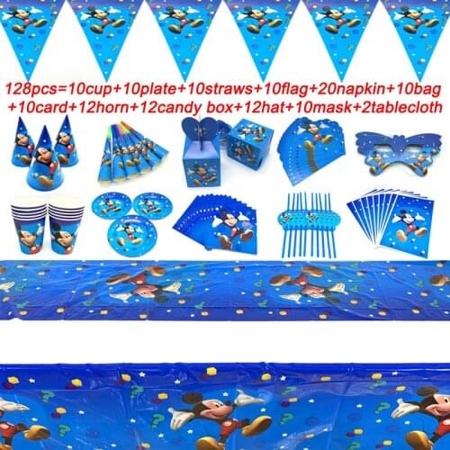 128Pcs/Lot Mickey Mouse Theme Disposable Tableware Sets Kids Birthday Party Decoration Childrens Day Wedding Event Supplies