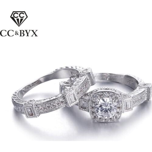 2pcs Fashion Jewelry Party Rings For Women CZ Wedding Ring Set White Gold color Engagement Ring Bijoux Femme CC235