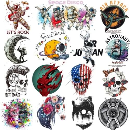 Punk Skull Patches Iron On Transfers Astronaut Space Heat Transfers UFO Patches For Clothes Thermal Transfer Vinyl Iron Stickers