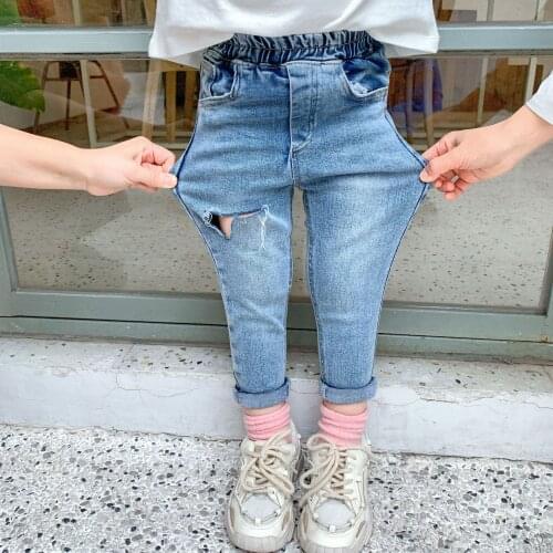 Autumn New Arrival Toddler Girl Jeans Casual Ripped Denim Pants for Girl 2 3 4 5 6 Years Kids Pants Elastic Waist Child Jeans