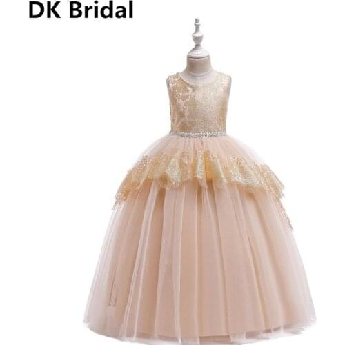 Champagne Flower Girl Dresses For Wedding Handmade Beaded Hot Pageant Dress Sleeveless Girls Evening Dress Princess Skirt