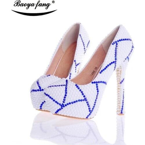 Luxury Women Wedding shoes high heels platform shoes white pearl Real leather insole woman party dress shoes Bride shoes