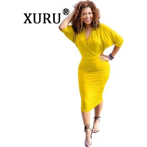XURU Summer New Womens V-Neck Sexy Dress Solid Color Bat Sleeve Short Sleeve Irregular Dress