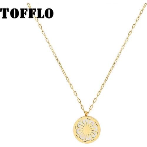 TOFFLO Stainless Steel Jewelry White Seashell Daisy Pendant Necklace Women Fashion Sweater Chain BSP802