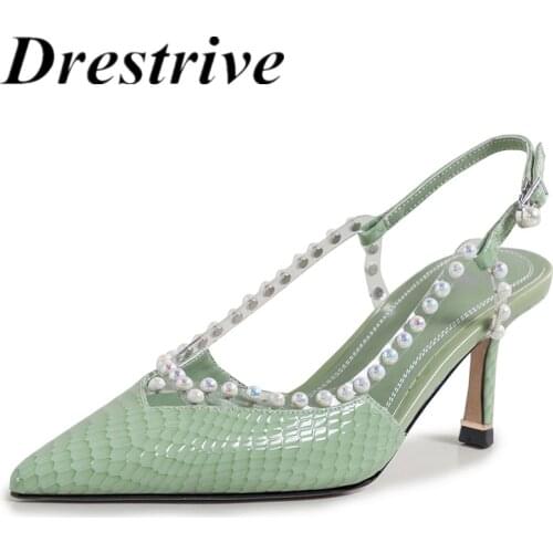 Drestrive Full Genuine Leather 2021 Summer Women Pumps Pointed Toe Bead Buckle High Heel Shoes Black Cow Leather Size 41