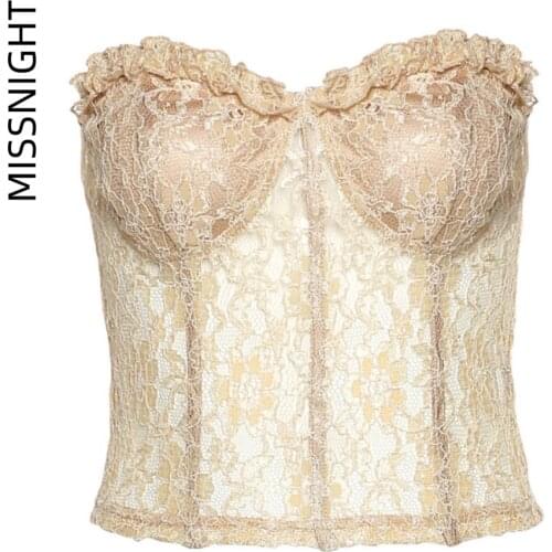 Missnight Women Bodycon Floral Lace Crop Top Hollow Out Ruffle Strapless See Through Vintage Style Sexy Clubwear