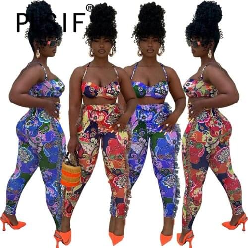 Women Vintage Print Long Pant Set Strapless Two 2 Piece Sets Active Tracksuit Summer Outfits