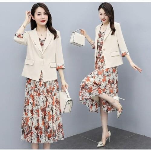 Women Dress Suits 2021 Spring New Korean 2 Piece Sets Print Long Dresses Office Ladies Large Size 4XL Women Dress Sets X336