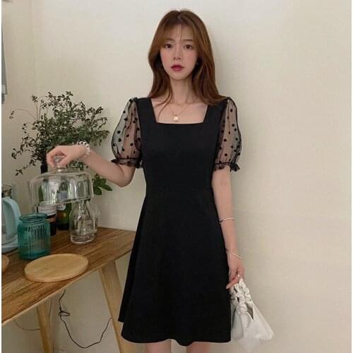 Large size Hepburn small black skirt womens summer mesh stitching Chiffon fat covered waist bubble sleeve dress