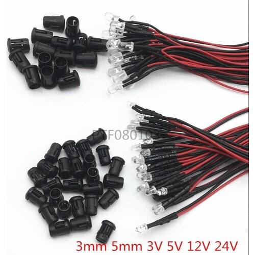 20pcs 3V 5V 12V 24V DC 3mm/5mm Red/Green/Blue/RGB Round Pre-Wired Water Clear LED With Plastic Holder