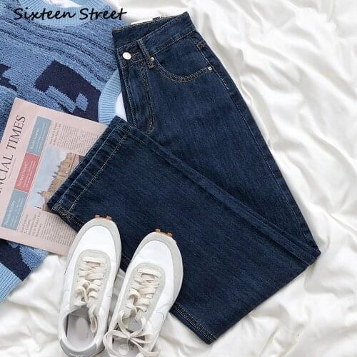 Boyfriend Jeans for Women Y2k Pants Aesthetic Korean Basic Washed Dark Blue High Waist Loose Casual Straight Denim Trousers 2021