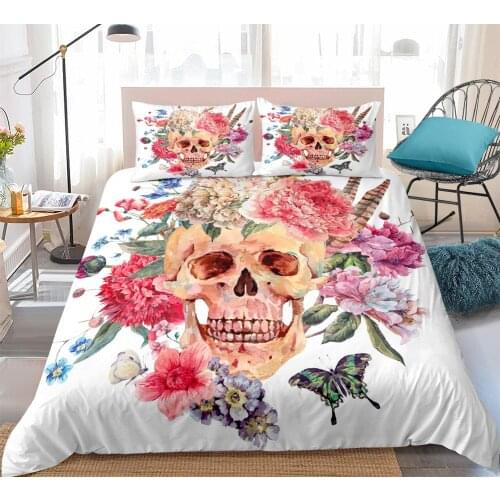 Gothic Skull Bedding Set Floral Skull Duvet Cover pink butterfly Bedclothes Colorful flower Bed Set King size 3pcs single drops