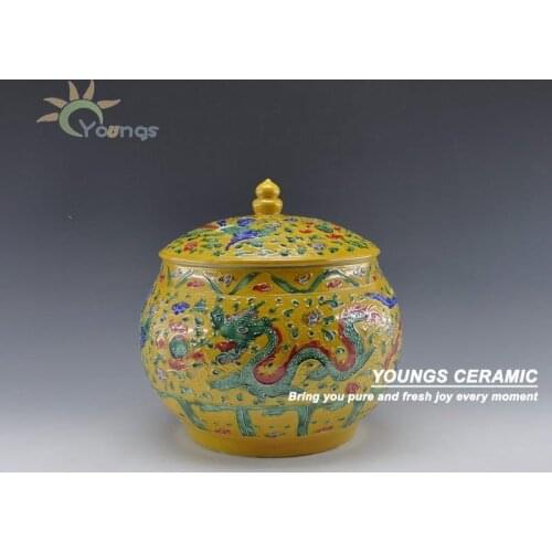 Chinese Famille Rose Porcelain Yellow Dragon And Phoenix Ceramic Vase Pot With Ming Dynasty Mark