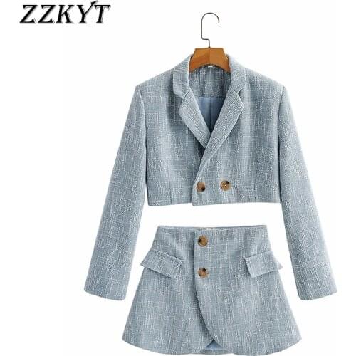 ZZKYT 2021 Women Spring Fashion Button Lapel Collar Blazers Suits Vintage Pockets Mini Skirt Office Lady Business Female Suit