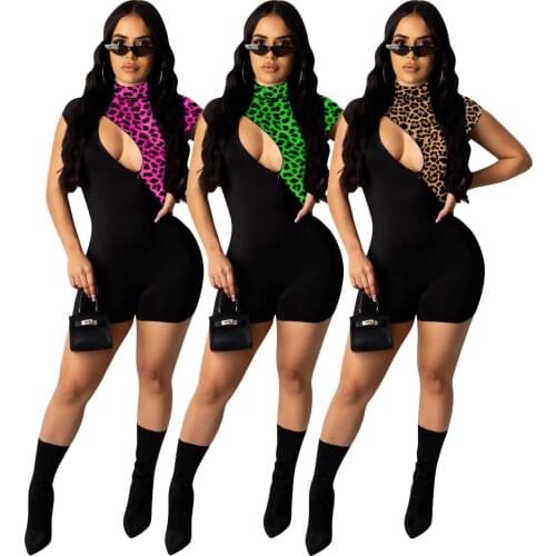 Leopard Patchwork Playsuit Zipper Hollow Out Mock Neck Short Sleeve Casual Slim Romper Shorts Summer Playsuit One Piece Overalls