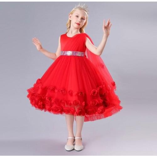 Fashion Children Catwalk Wedding Dresses For Girls Trailing Puffy Princess Dresses Mesh Flower Girl Dresses Kids Evening Dresses