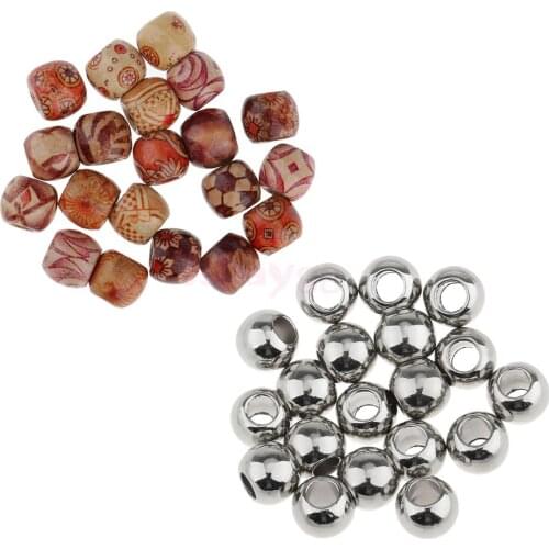 Pack of 40 Pieces Hair Dreadlocks Bead Cuff Clip Decoration Filigree Tube Silver and Wood Salon Hair Accessory