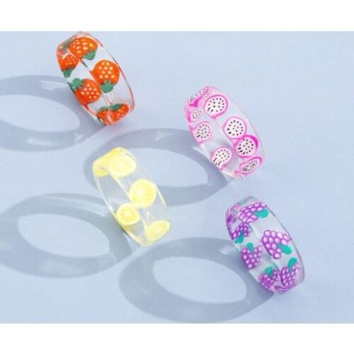 Sweet Fruits Transparent Resin Rings Set Fashion Geometric Round Rings for Women Party Wedding Jewelry Gifts
