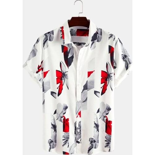 New mens Chinese printed shirt casual sleeve short digital white shirt mens shirt