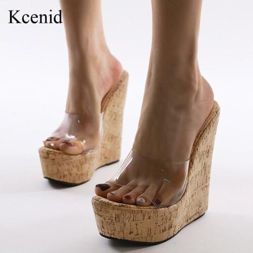Kcenid New Summer Clear PVC Transparent Slippers Sandals Women Peep Toe Platform Wedges Shoes Fashion High Heels Female Slides