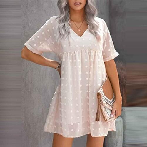 40# Dot Print Dresses Womens Bohemian Vintage Mesh Sundress Casual High Waist V-neck Solid Short Sleeve Dress Women Plus Size