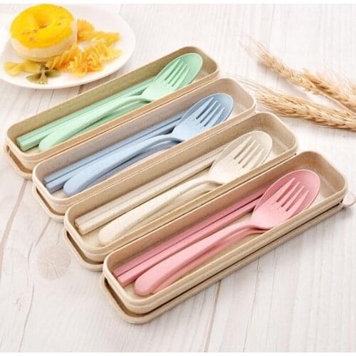 Portable Plastic Spoon Fork Chopsticks Tableware Set 4 Colors Reusable Wheat Straw Plastic Cutlery LX1245