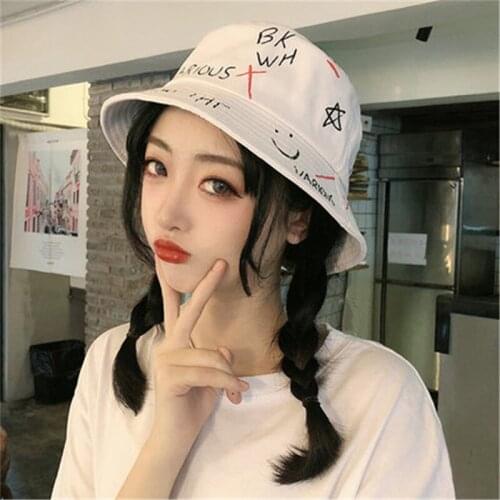 Women Street Hip-hop Fisherman Hat Korean Summer Graffiti Outdoor Sunhat Couple Casual All-match Foldable Travel Bucket Hat