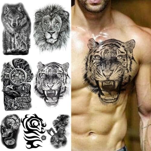 Creative Tiger Temporary Tattoos For Men Adults Wolf Compass Skull Thorns Samurai Lion Fake Tattoo Sticker Chest Arm Tatoos