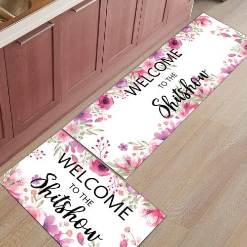 Text Purple Flower Watercolor Kitchen Mat Entrance Doormat Christmas Home Decoration Living Room Carpet Bathroom Anti-slip Rug