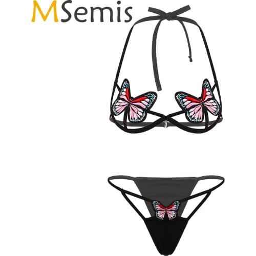 Women Butterfly Embroidery Lingerie Suit Lace-up Halter Neck Bra with Briefs Female Hollow Out Exotic Sets for Underwear Party