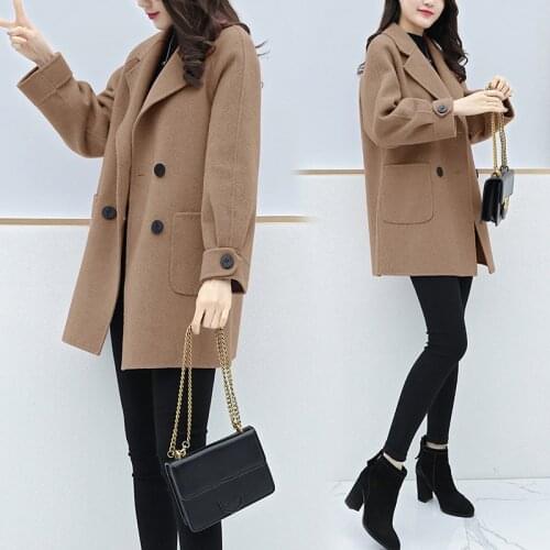 Women Autumn Winter Elegant Woolen Coat Korean Double Breasted Female Casual Solid Wool Jacket Plus Size Loose Outerwear G1070